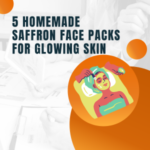 Image of Homemade Saffron Face Packs for Glowing Skin: Five different glass bowls containing saffron-infused face packs with various natural ingredients, such as honey, milk, and yogurt, displayed on a wooden surface.